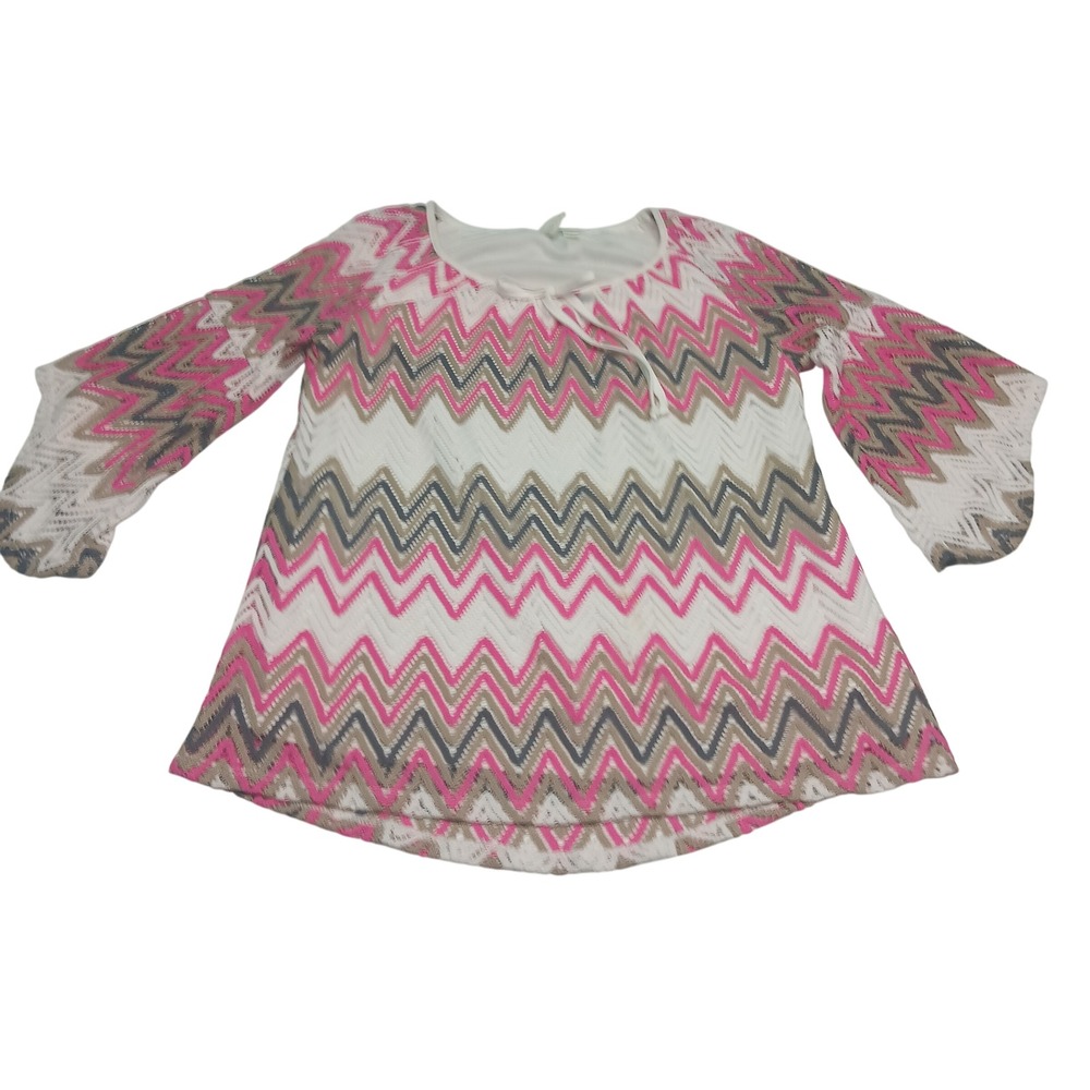 Tacera Chevron Crochet Bell Sleeve‎ Tunic Top M White Pink Tan